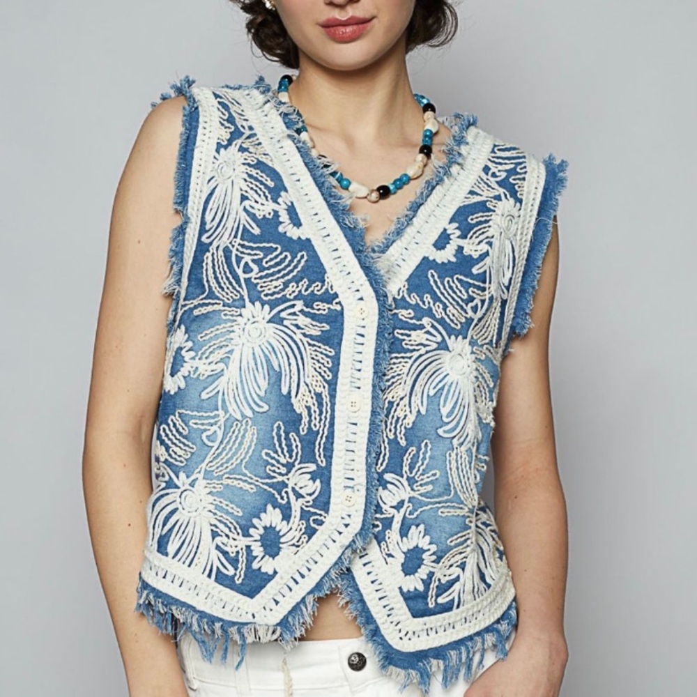 POL Blue and White Embroidered Vest